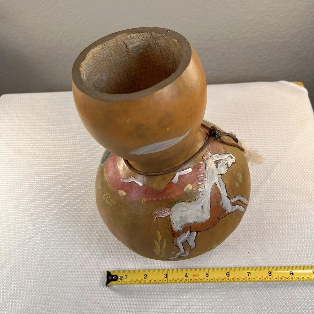 Hand Painted Horse Heads Gourd Art Pot Vase, Signed 10